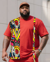 Men's Plus Size Chinese Red Creative Stripe African Figure Print T-Shirt Shorts Suit